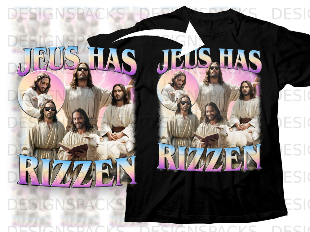 Black t-shirt with "Jesus Has Rizz en" graphic featuring multiple depictions of Jesus.