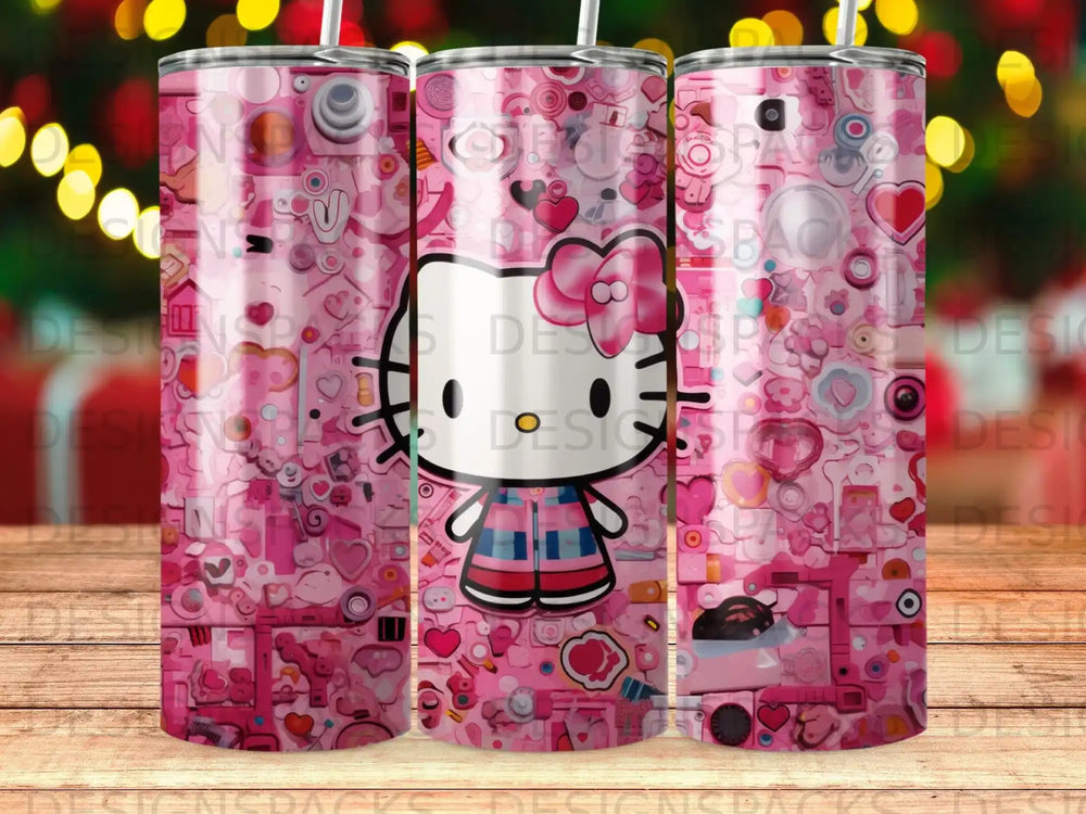 Pink Hello Kitty tumbler with various hearts and shapes, featuring a blue and pink plaid outfit.