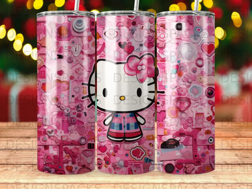 Pink Hello Kitty tumbler with various hearts and shapes, featuring a blue and pink plaid outfit.