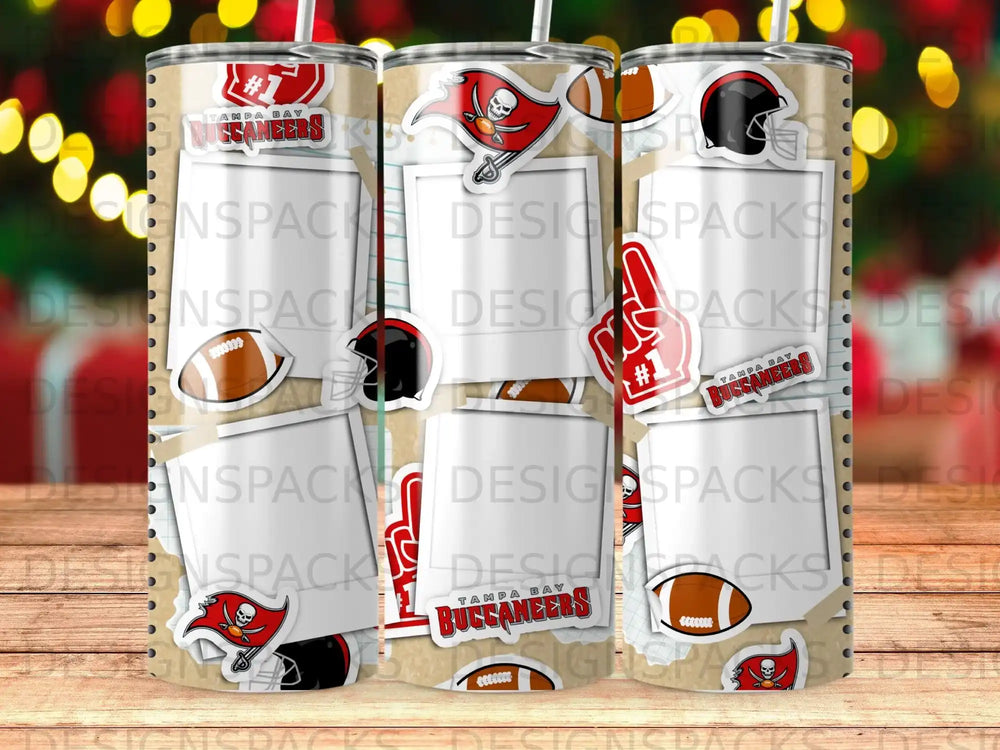 Tampa Bay Buccaneers logo and team colors on a tumbler with distressed effects.