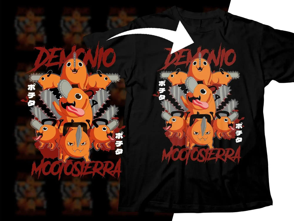 Black t-shirt with cartoon orange creatures wielding chainsaws, bold red text, and Japanese characters.