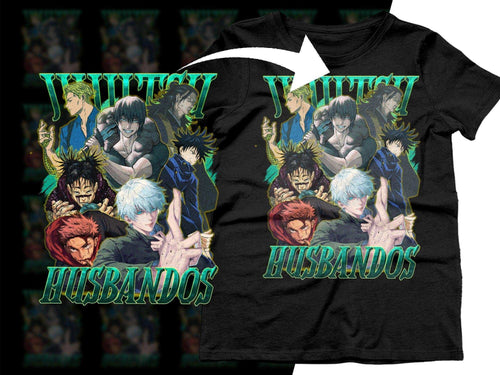 Anime character group design on black t-shirt, 'HUSBANDOS' text, print-ready for DTG/DTF