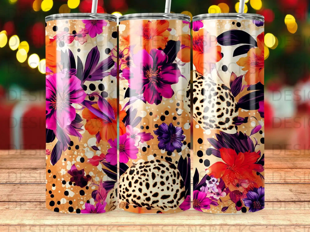 Tumbler with colorful floral and leopard print patterns.