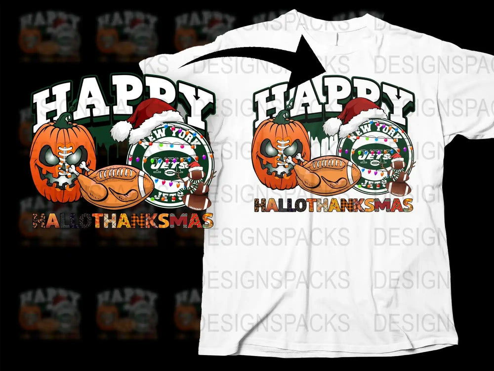 Happy Hallothanksmas New York Jets t-shirt design with pumpkin, turkey, and football