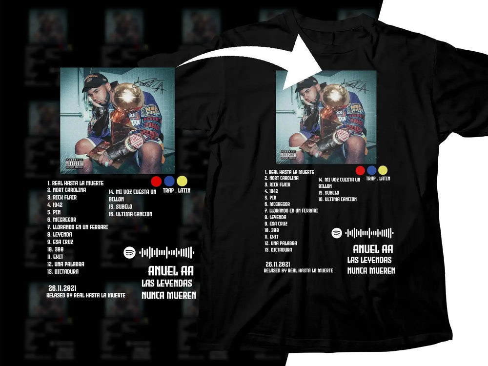 Anuel AA 'Las Leyendas Nunca Mueren' album art t-shirt design, print-ready for DTF/DTG, featuring tracklist and Spotify code.