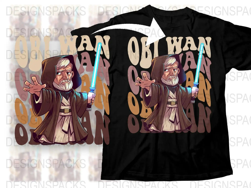 Obi-Wan Kenobi with blue lightsaber on black t-shirt, print-ready design