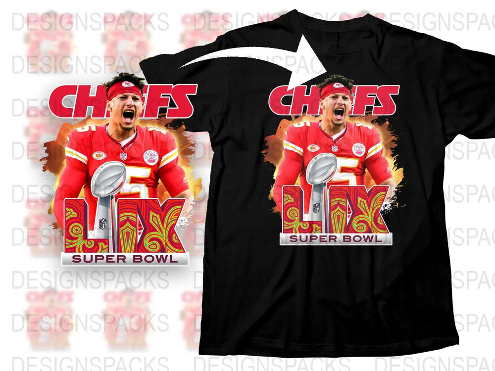 Kansas City Chiefs Super Bowl LVII design on black t-shirt with player graphic and trophy