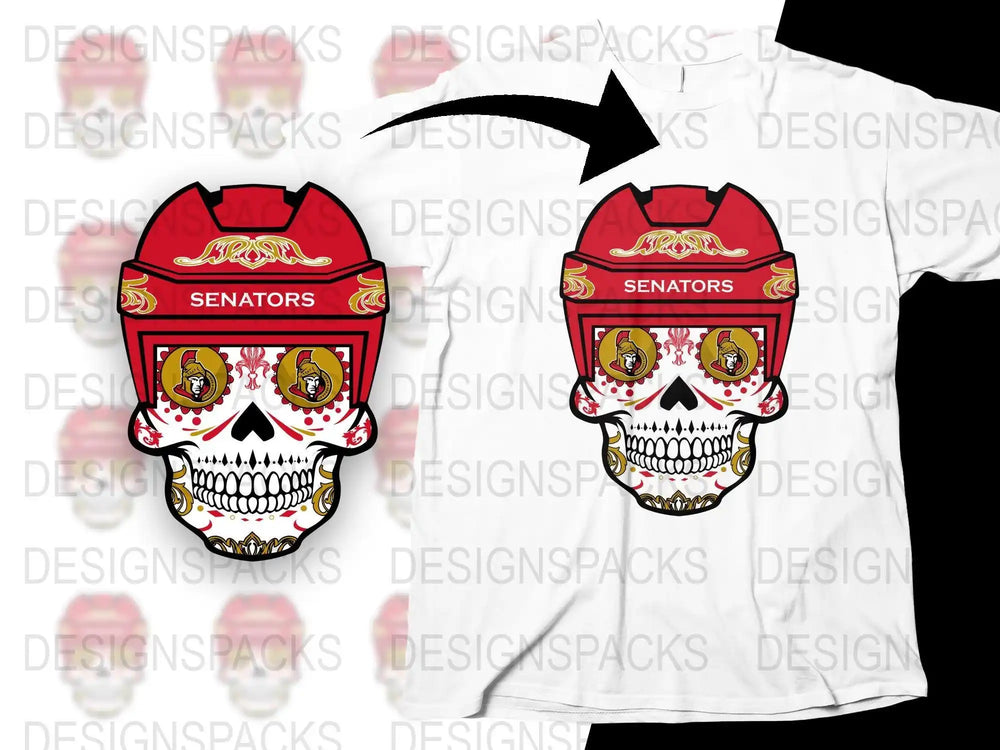 Senators sugar skull hockey helmet design for t-shirts, print-ready PNG