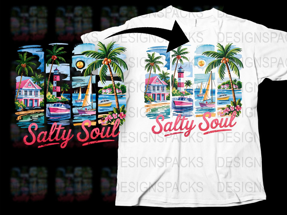 Tropical Beach Graphic T-Shirt, Salty Soul Summer Tee, Palm Trees and Boat Design, Colorful Vacation Shirt for Men and Women