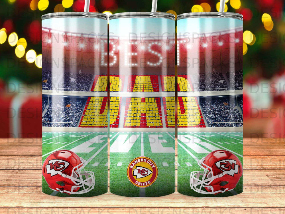 Kansas City Chiefs helmet and stadium text overlay tumbler wrap.