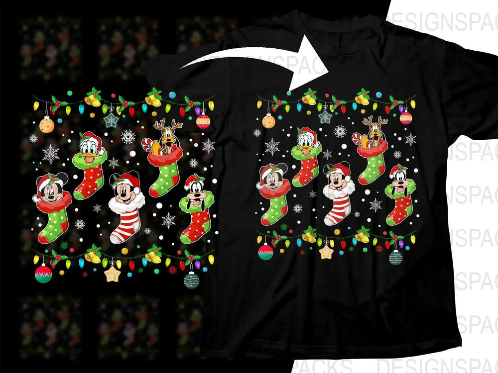 Disney Christmas t-shirt design with Mickey, Minnie, Donald, Goofy, and Pluto in festive stockings and holiday lights.