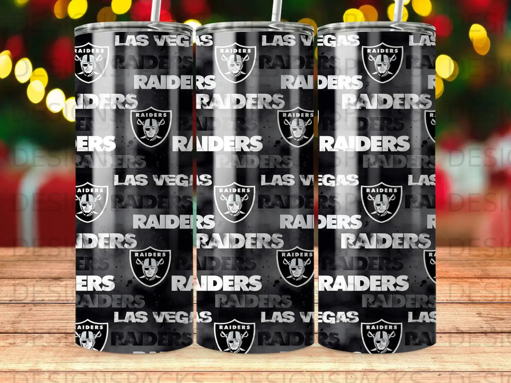 Las Vegas Raiders logo pattern on a reusable tumbler.