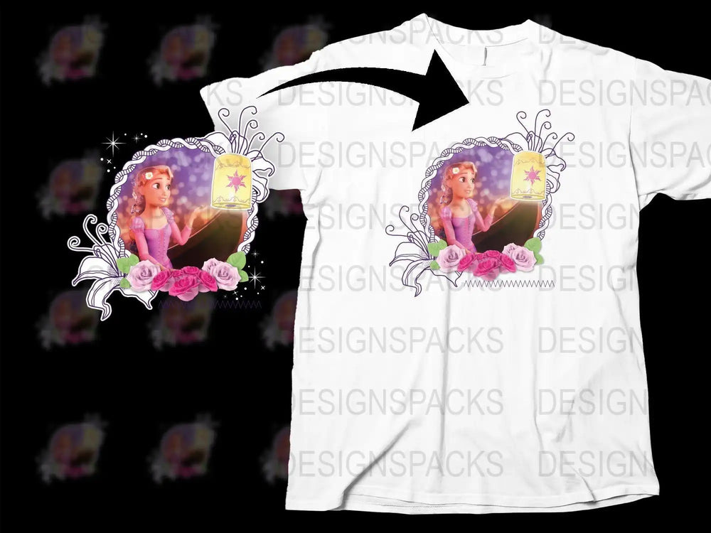 Rapunzel t-shirt design with roses and lantern, print-ready for DTG or DTF