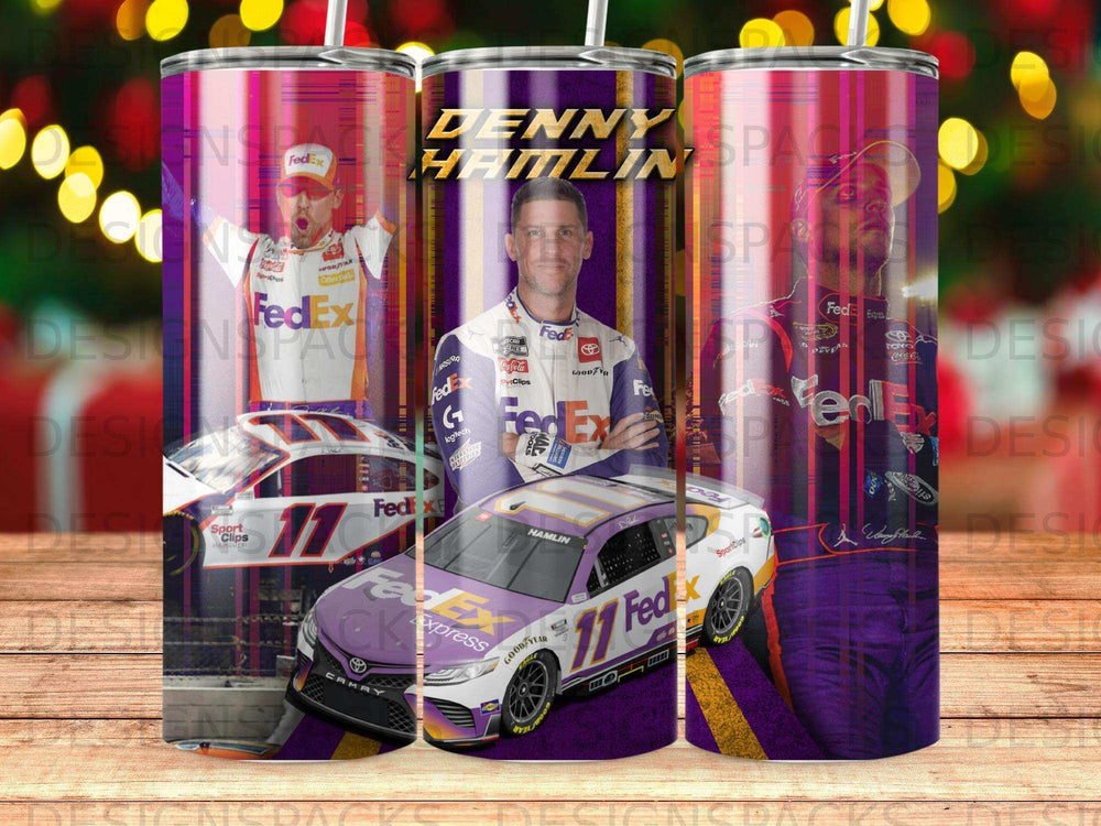 Denny Hamlin NASCAR #11 FedEx Camry race car with checkered flag and trophy.