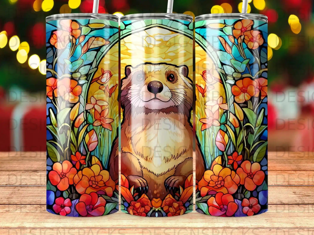Woodland creature in stained glass style with floral border.