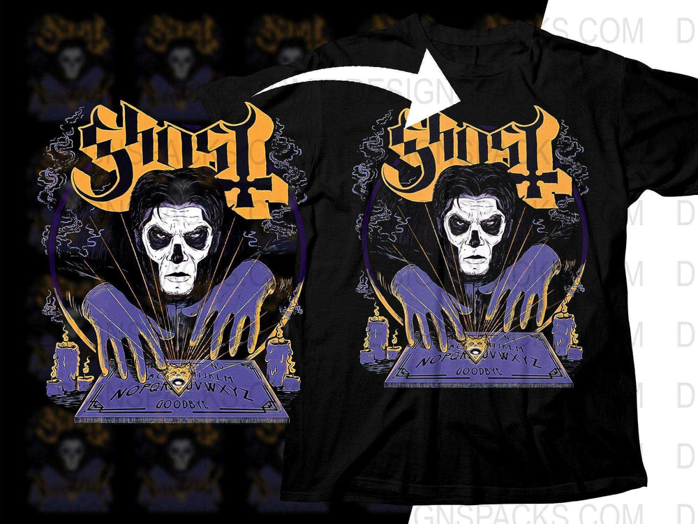 Ghost band t-shirt design with ouija board, purple hands, and candles, print-ready for DTG/DTF