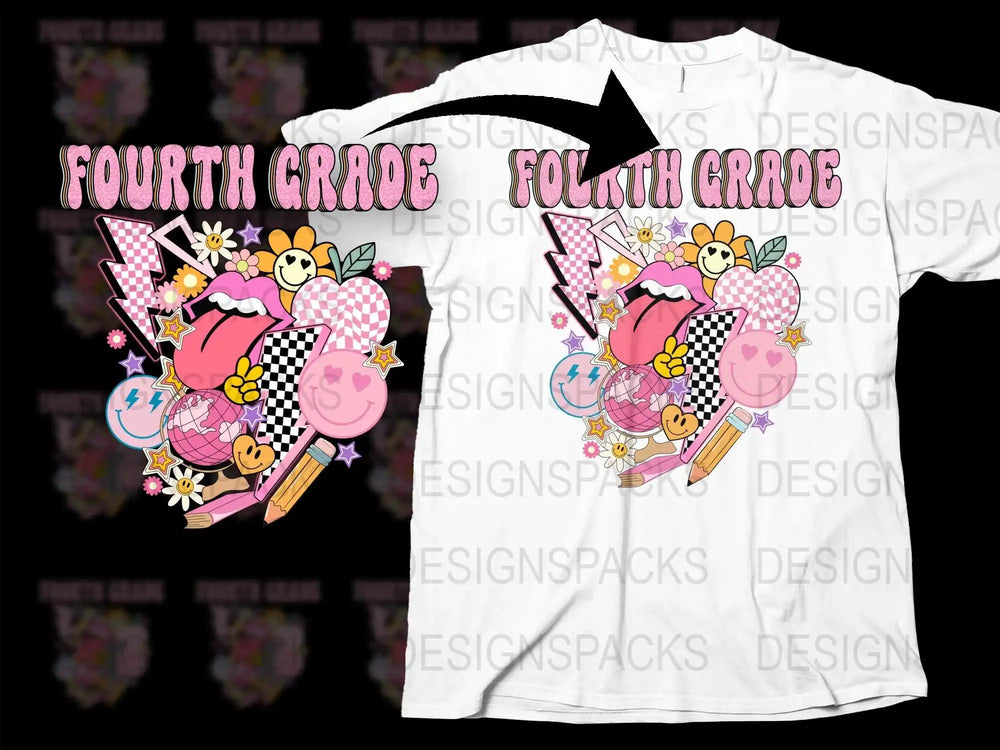 Fourth Grade t-shirt design with pink lips, flowers, pencils, and smiley faces for DTF/DTG printing