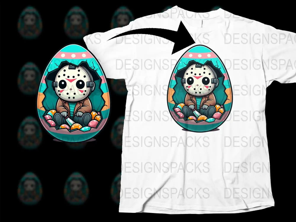 Cute Jason Voorhees in Easter egg design on white t-shirt, perfect for DTF/DTG printing