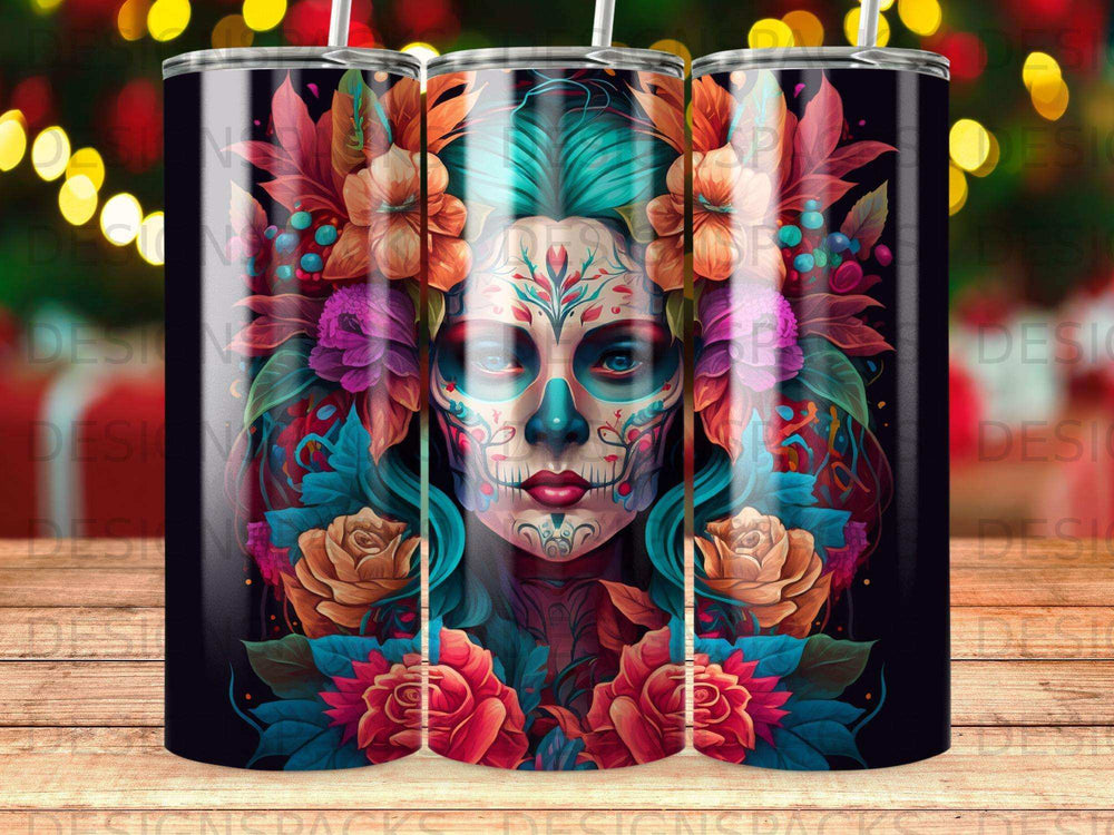 Day of the Dead skull woman with vibrant floral accents on a black background.