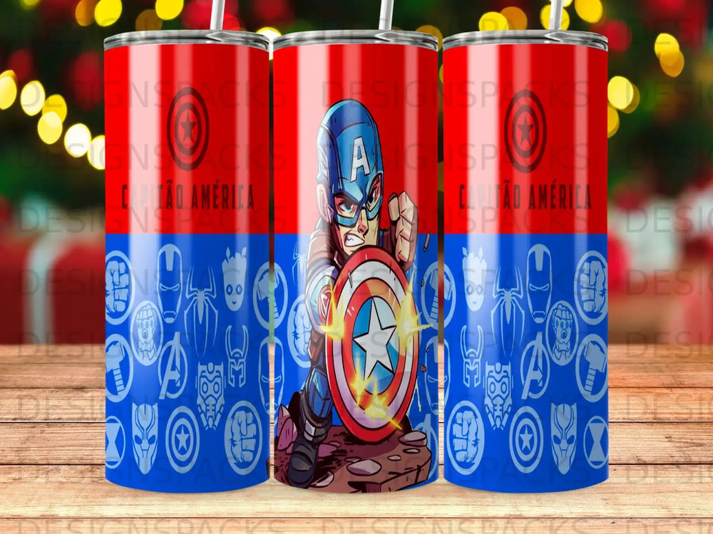 Captain America superhero tumbler with shield and iconic star pattern.