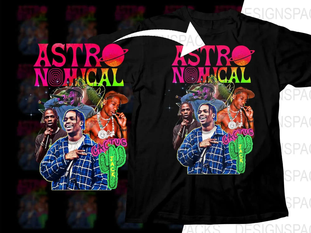 Astronomical Cactus Jack t-shirt design with vibrant graphics and neon text for DTG/DTF printing