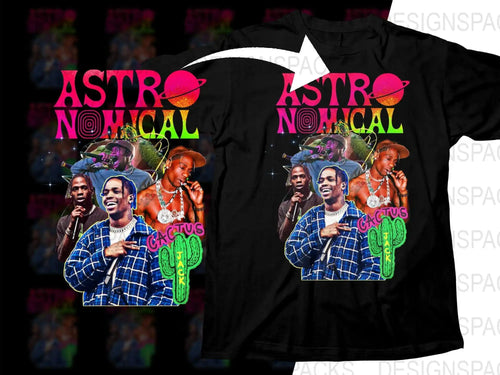 Astronomical Cactus Jack t-shirt design with vibrant graphics and neon text for DTG/DTF printing