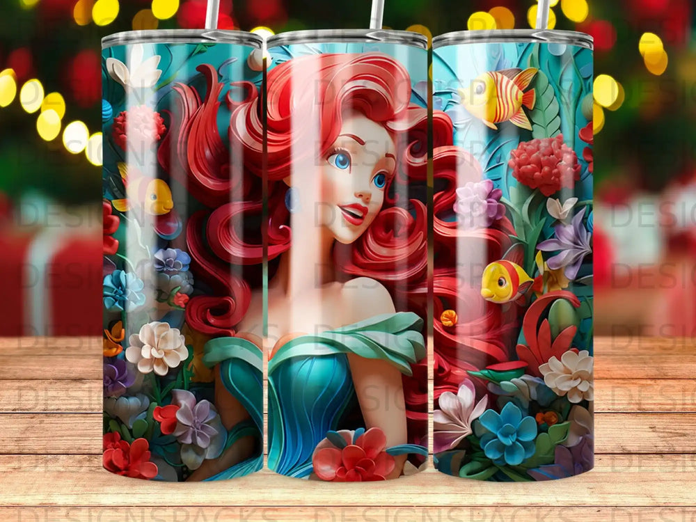 Ariel the Little Mermaid among colorful coral and fish.