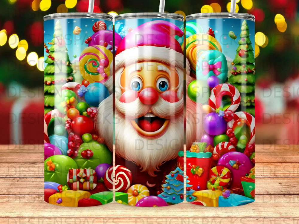 Santa Claus surrounded by colorful Christmas candy, lollipops, and festive decorations.