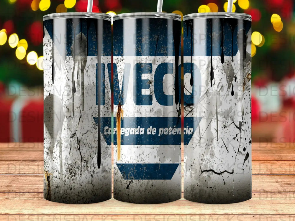 IVECO logo with "Carregada de potência" text on a distressed blue and white tumbler.