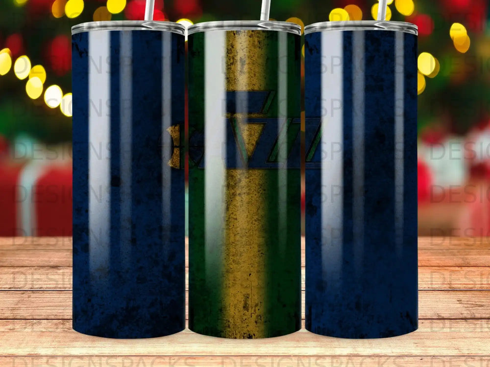 Three tumblers with a dark blue and green striped design, one in focus.