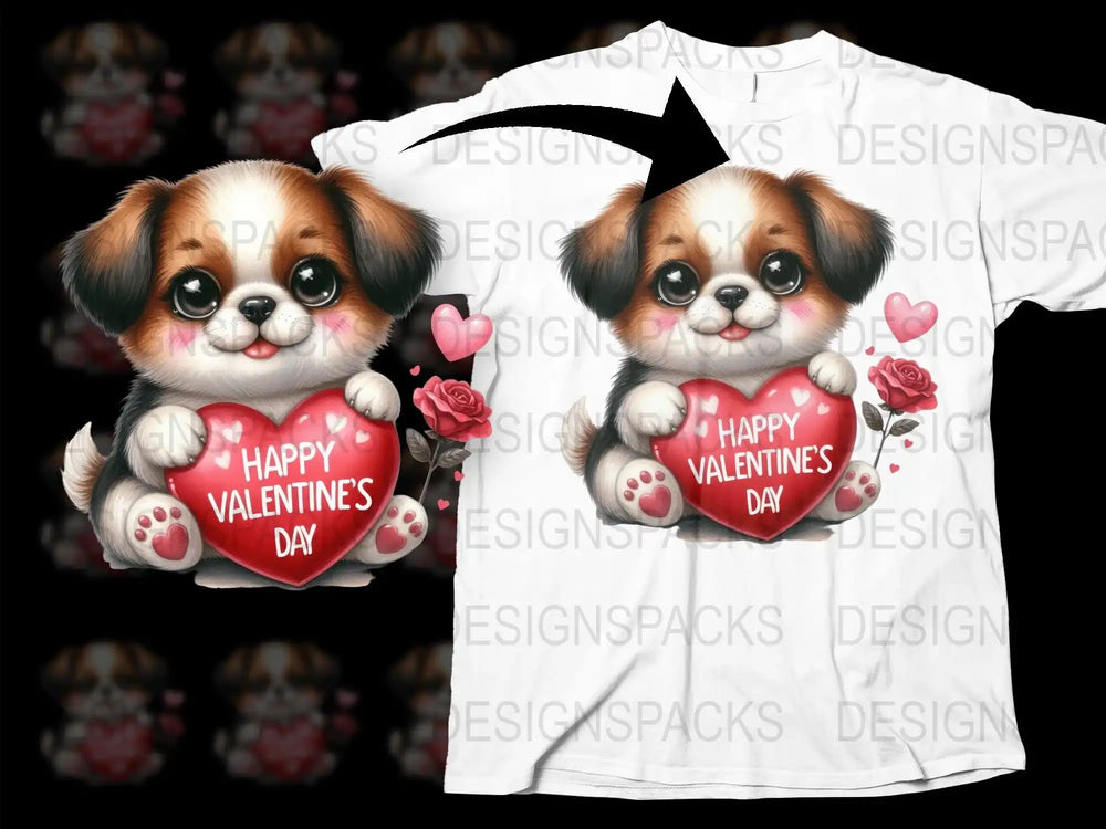 Cute puppy holding 'Happy Valentine's Day' heart, rose, and paw prints on white t-shirt design