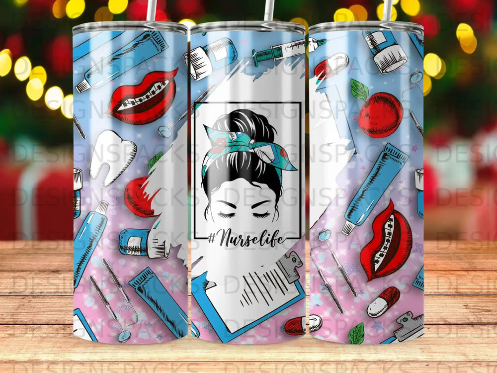 Nurse life tumbler with medical and dental illustrations.