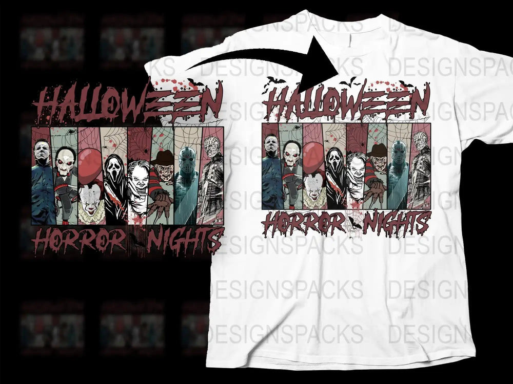 Halloween Horror Nights t-shirt design featuring iconic movie monsters and spooky graphics
