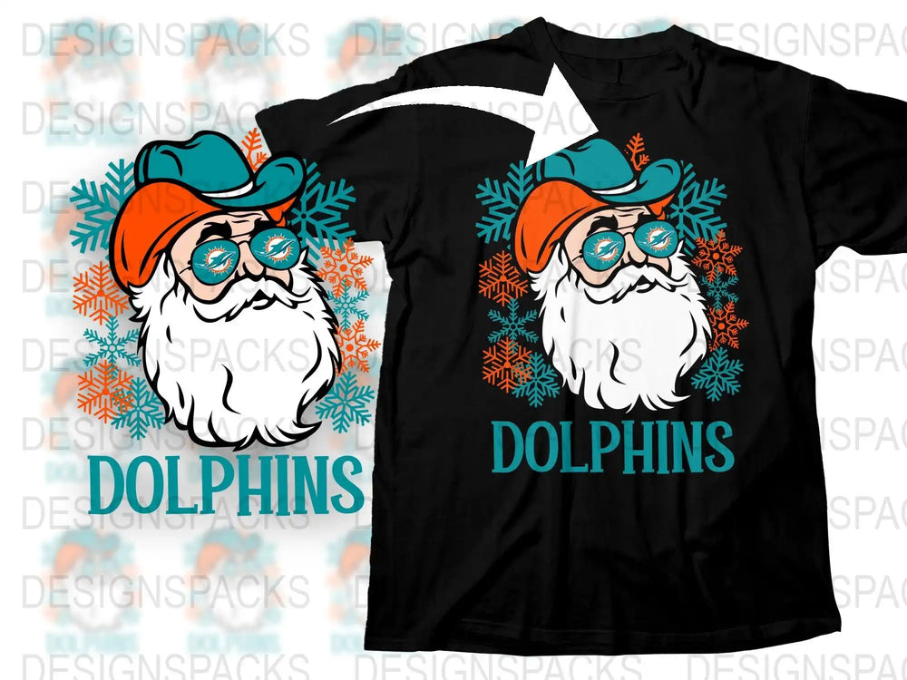 Santa with Dolphins logo, snowflakes, and sunglasses on black t-shirt design