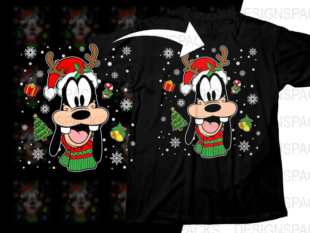 Goofy in Christmas sweater and Santa hat on black t-shirt with snowflakes and holiday icons