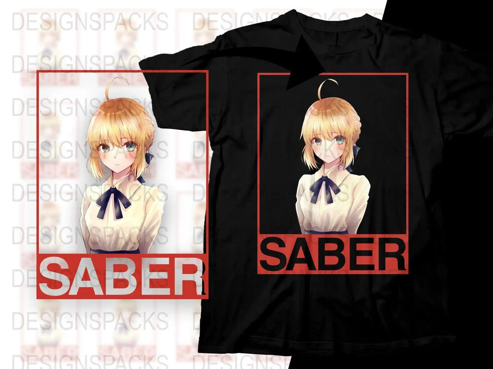 Saber anime character design on black t-shirt, print-ready for DTG or DTF
