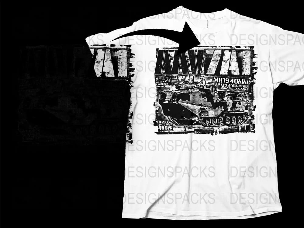 White t-shirt with military tank graphic, bold text, and rugged design for DTF/DTG printing.