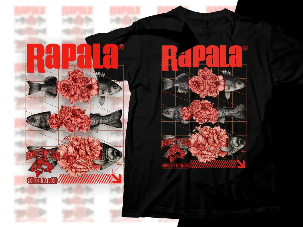 Rapala fishing t-shirt with fish and floral design, 'Born to Fish, Forced to Work' slogan