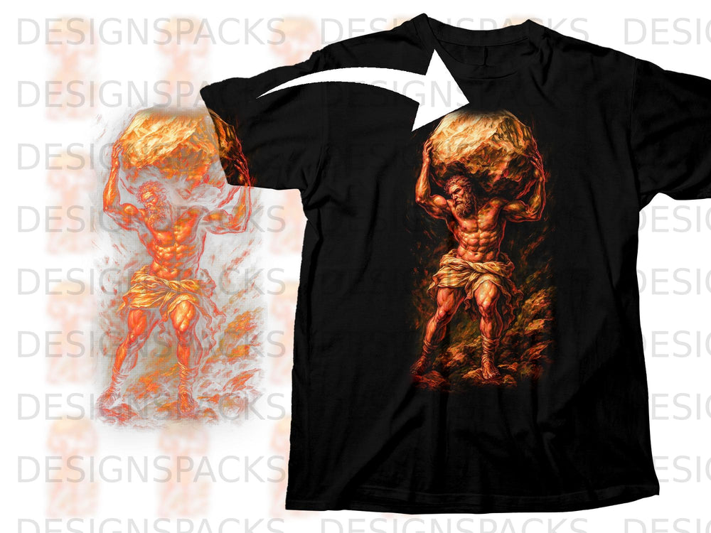 Black t-shirt with a graphic of Atlas holding a globe above his head.