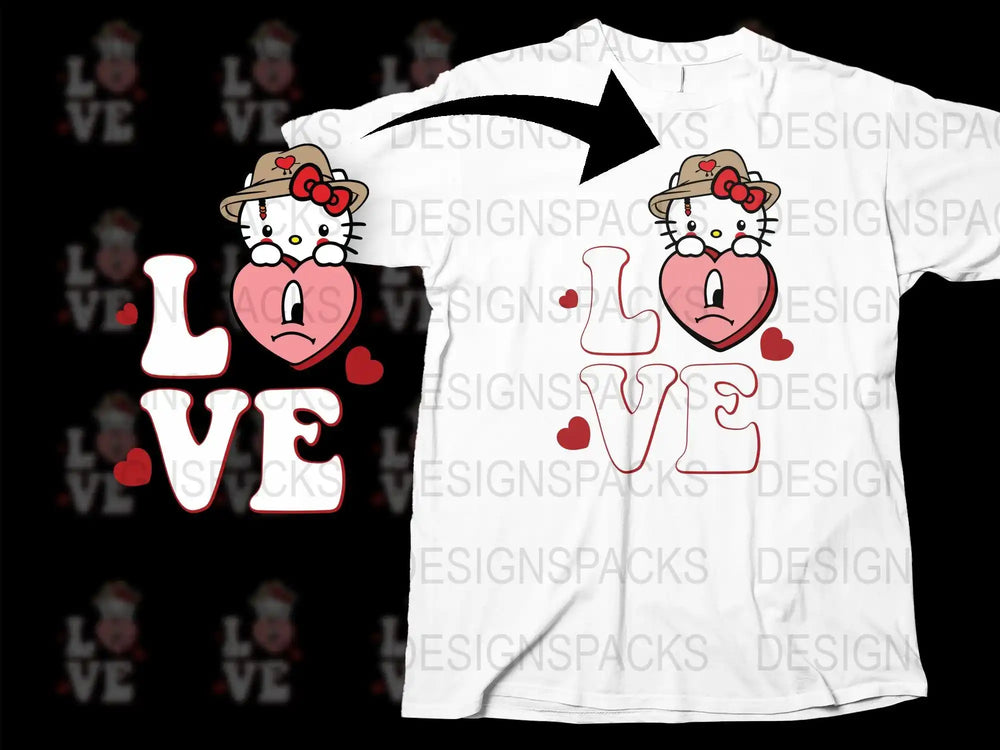 Hello Kitty holding heart with LOVE text, print-ready design for t-shirts