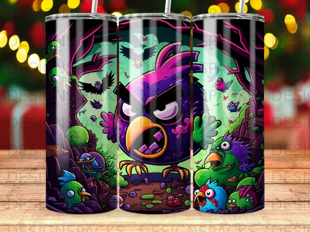 Angry purple bird with open beak and green eyes surrounded by cartoon forest creatures.