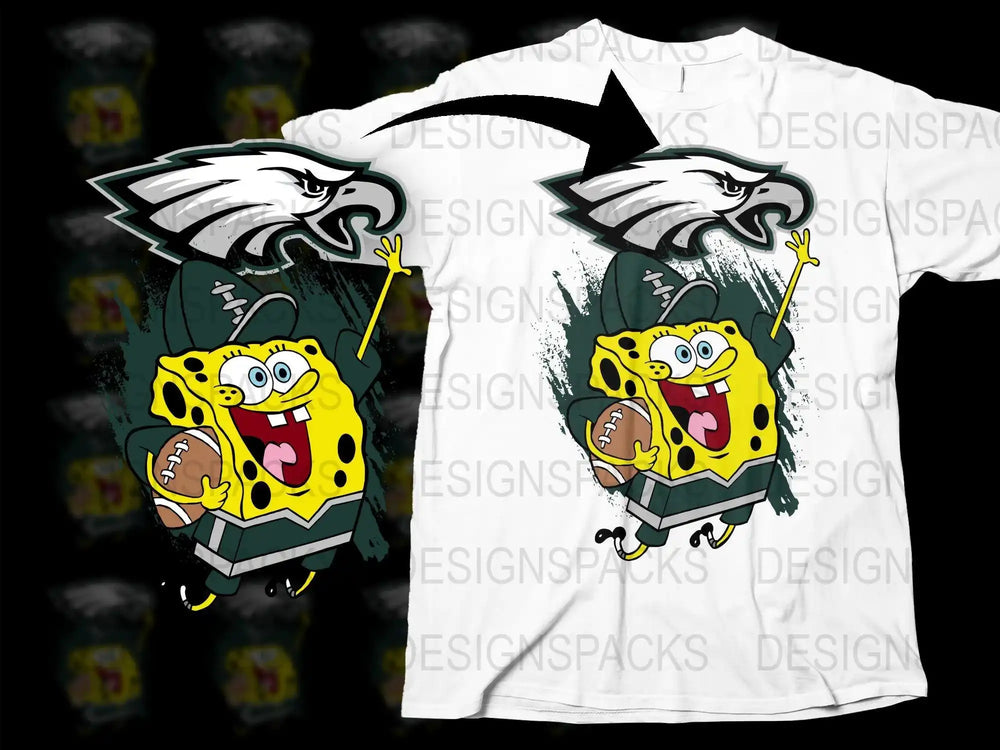 SpongeBob in Eagles football gear holding a football, print-ready design for t-shirts