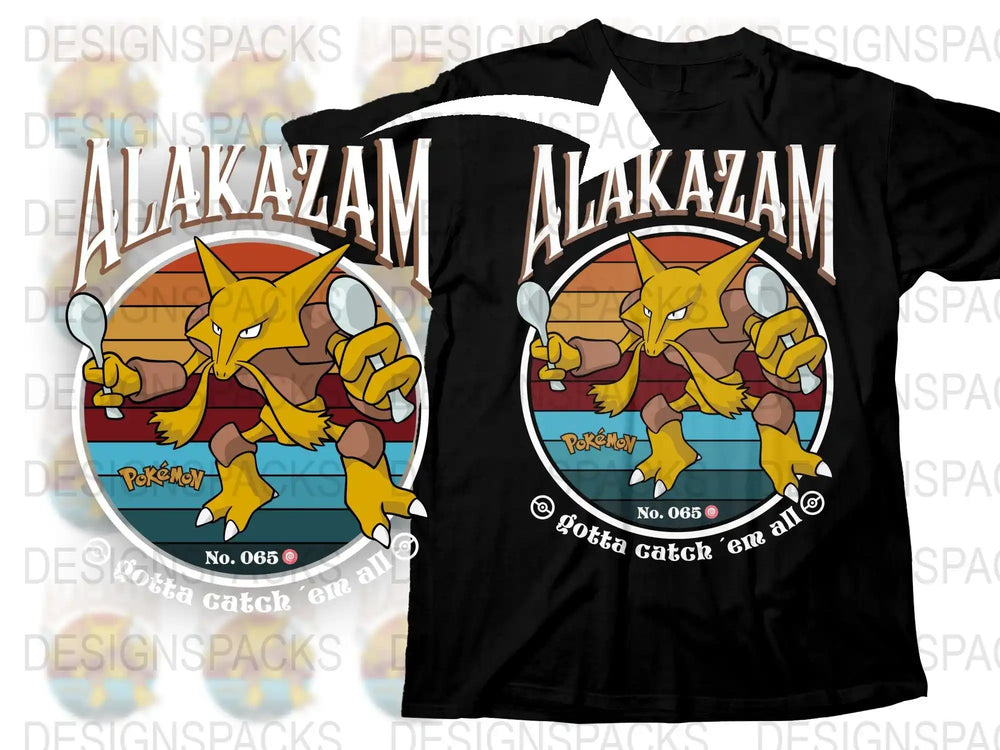 Alakazam Pokémon design on black t-shirt, retro style, No. 065, 'gotta catch 'em all'