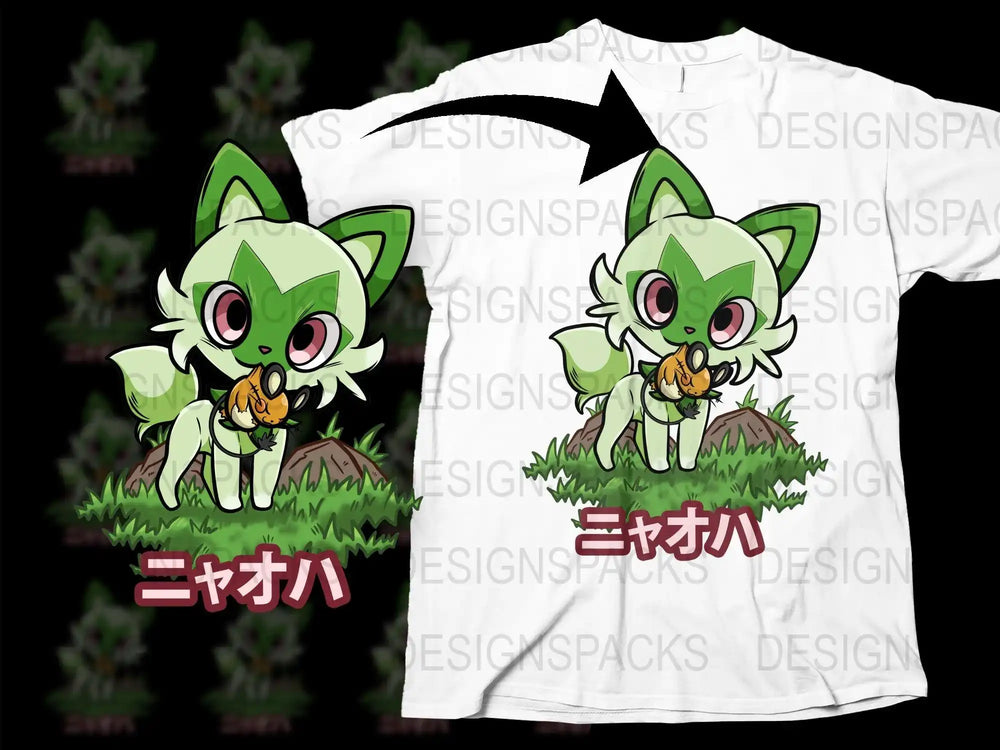 Cute green fox character with mouse, Japanese text, on white t-shirt design