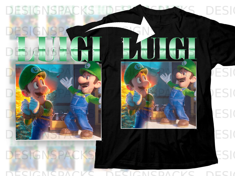 Black t-shirt with "LUIGI" text and two images of the character Luigi.