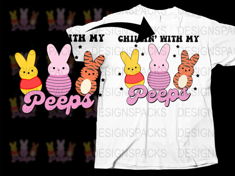 Chillin' with My Peeps Easter t-shirt design featuring colorful bunny candies and stars