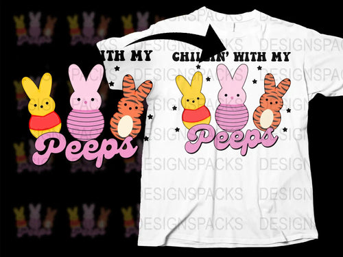 Chillin' with My Peeps Easter t-shirt design featuring colorful bunny candies and stars
