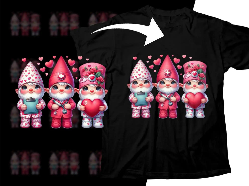 Cute nurse gnomes with hearts on black t-shirt, print-ready design for DTG/DTF