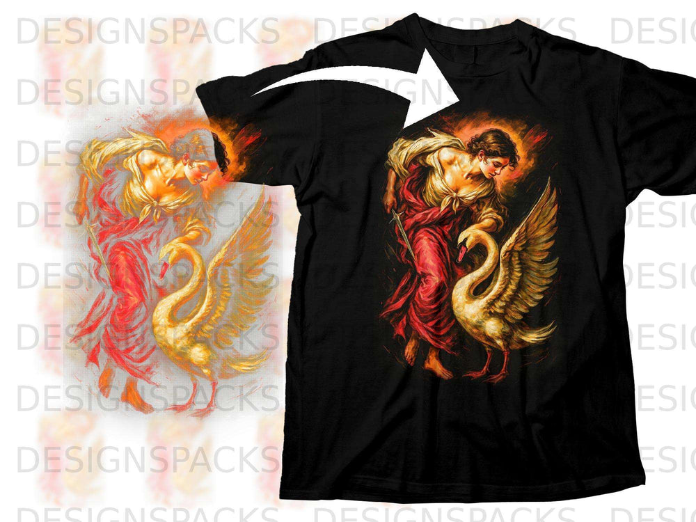 Black t-shirt with a print of Leda and the Swan, illuminated by fire.