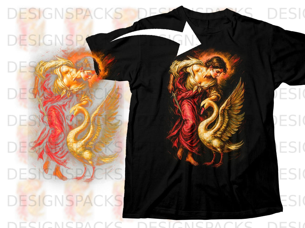 Black t-shirt with a print of Leda and the Swan, illuminated by fire.